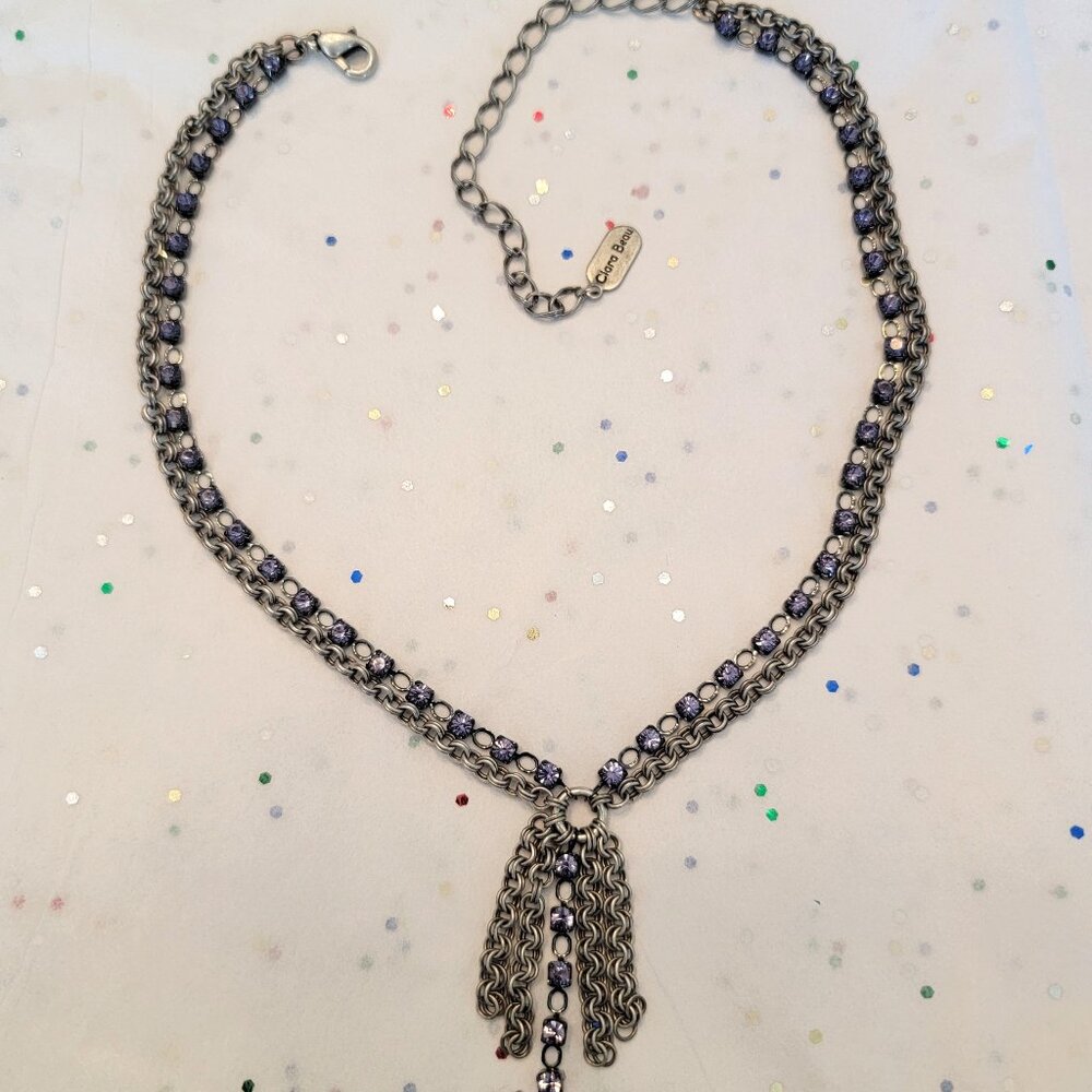 CLARA BEAU VINTAGE CUPPED TANZANITE CRYSTAL W/ SILVER TONE CHAINS NECKLACE
